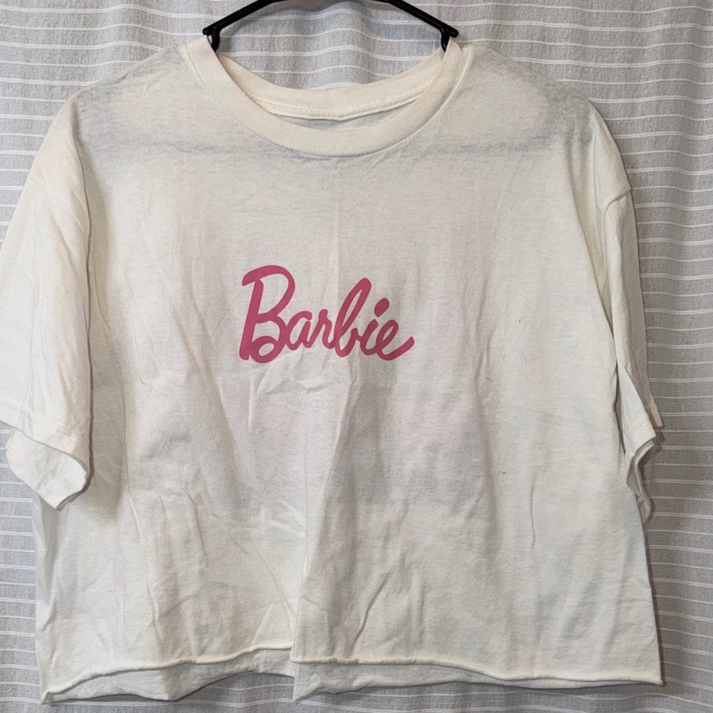 Barbie White Crop Tee with Pink Logo